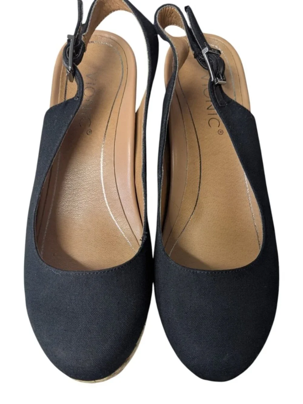Vionic Coralina Black Canvas Espadrille Wedge Slingback Sandals Womens 8 Comfort